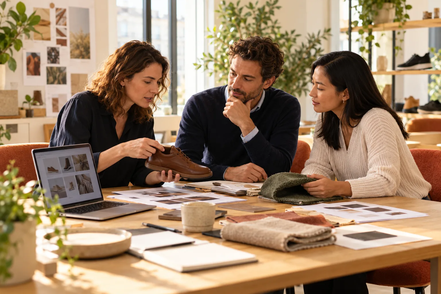 Product consultants reviewing samples and product information together in a bright studio